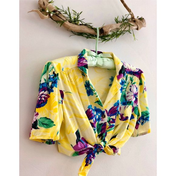 Vintage Tops - Vintage Pineapple Yellow Flower Button Shirt